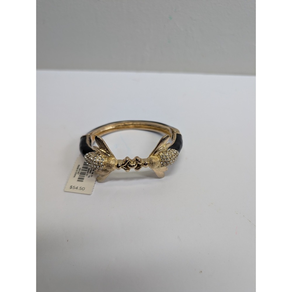 Talbots Rhinestone Bumblebee Black Enamel Gold Inlay Hinged Cuff Bracelet